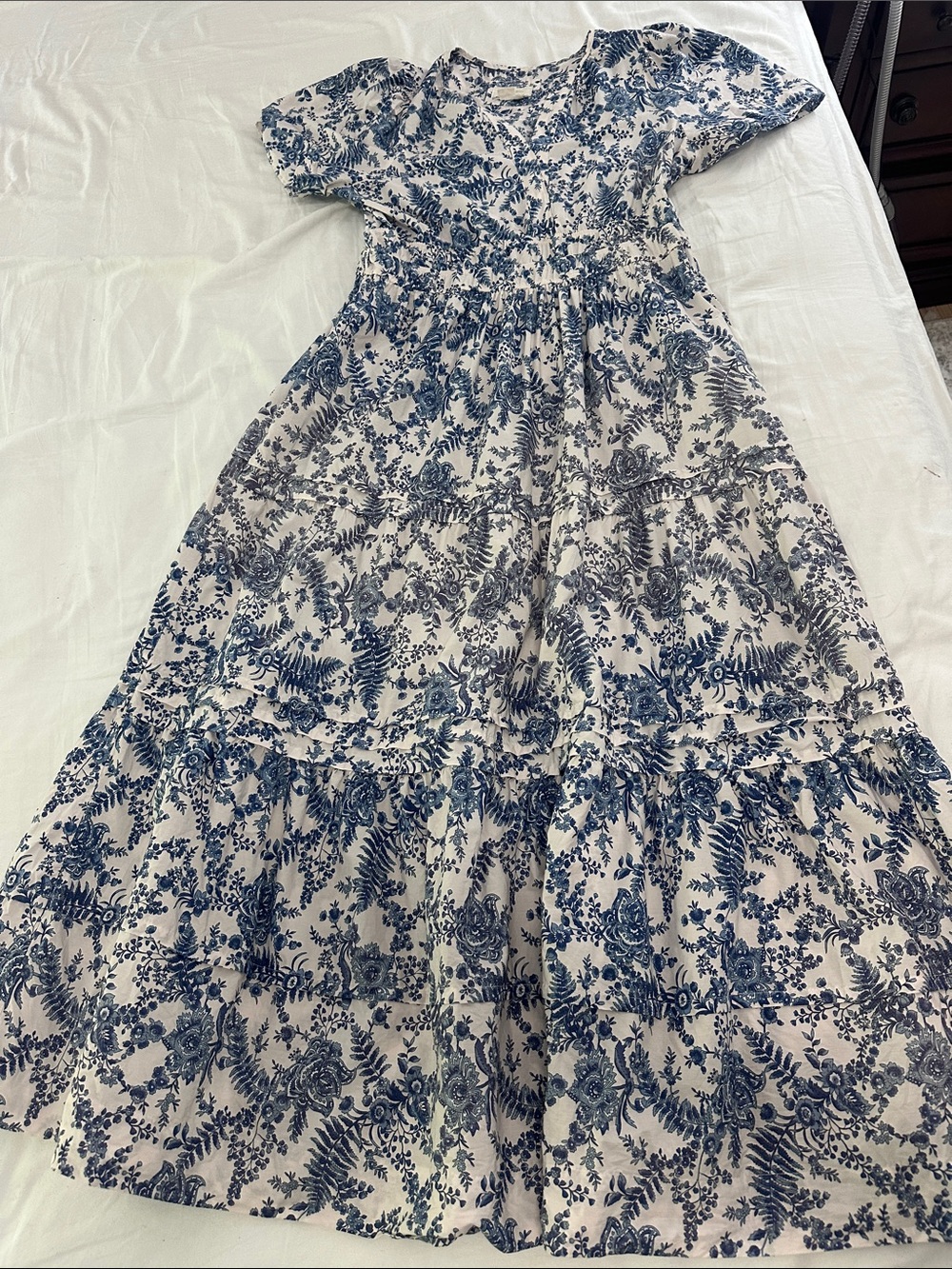 Anthropologie White and Blue Floral Tiered Maxi Somerset Dress XL